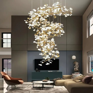 Ceramic Ginkgo Cascading B (Spiral) Branch Chandelier - Auralume