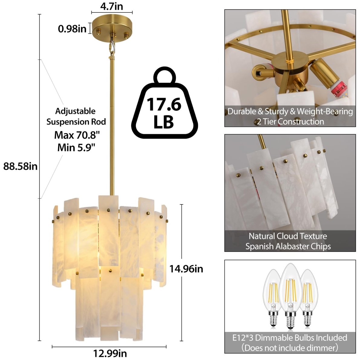 Alabaster Chandelier D13in Spanish Natural Marble Round Chandeliers - Auralume