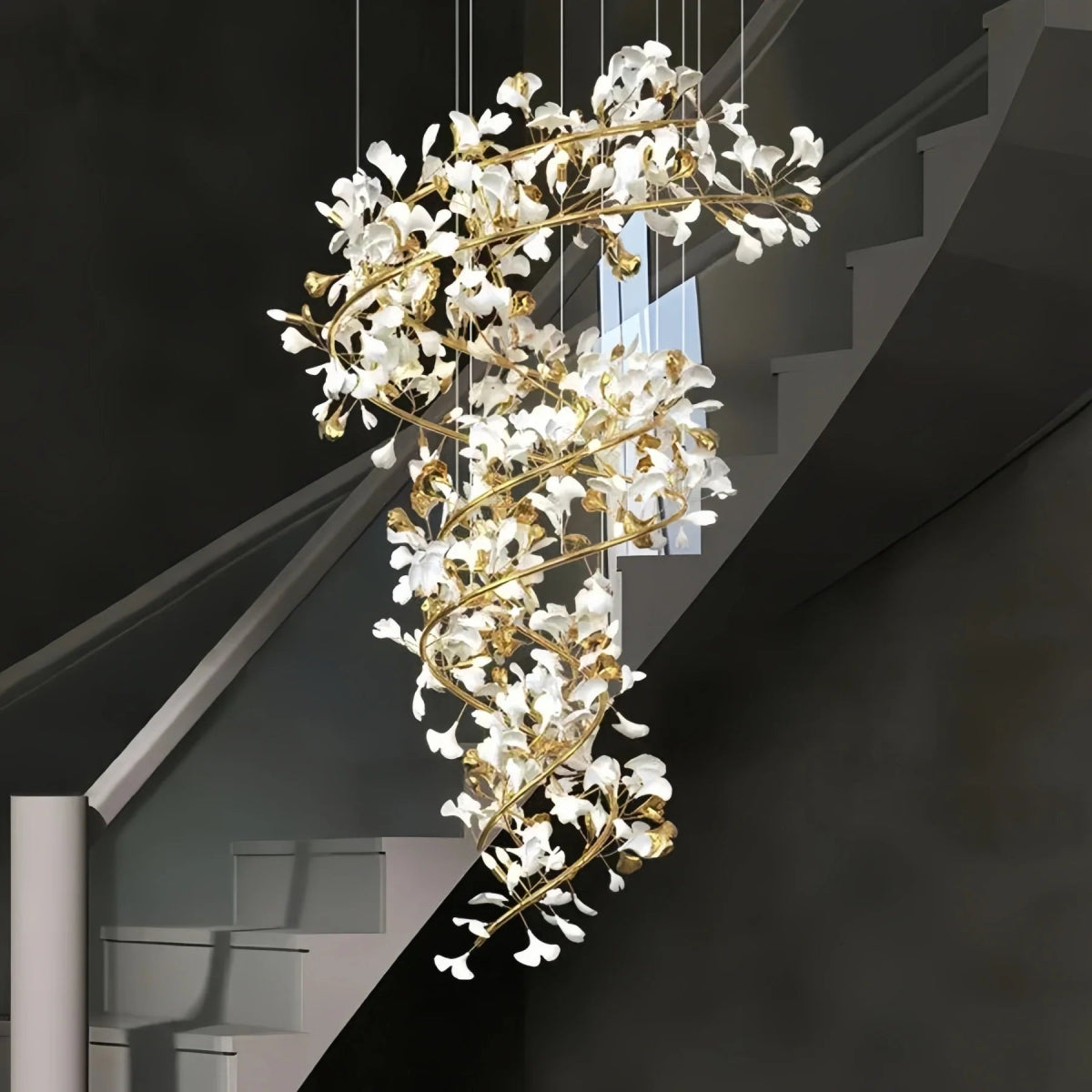 Ceramic Ginkgo Cascading B (Spiral) Branch Chandelier - Auralume