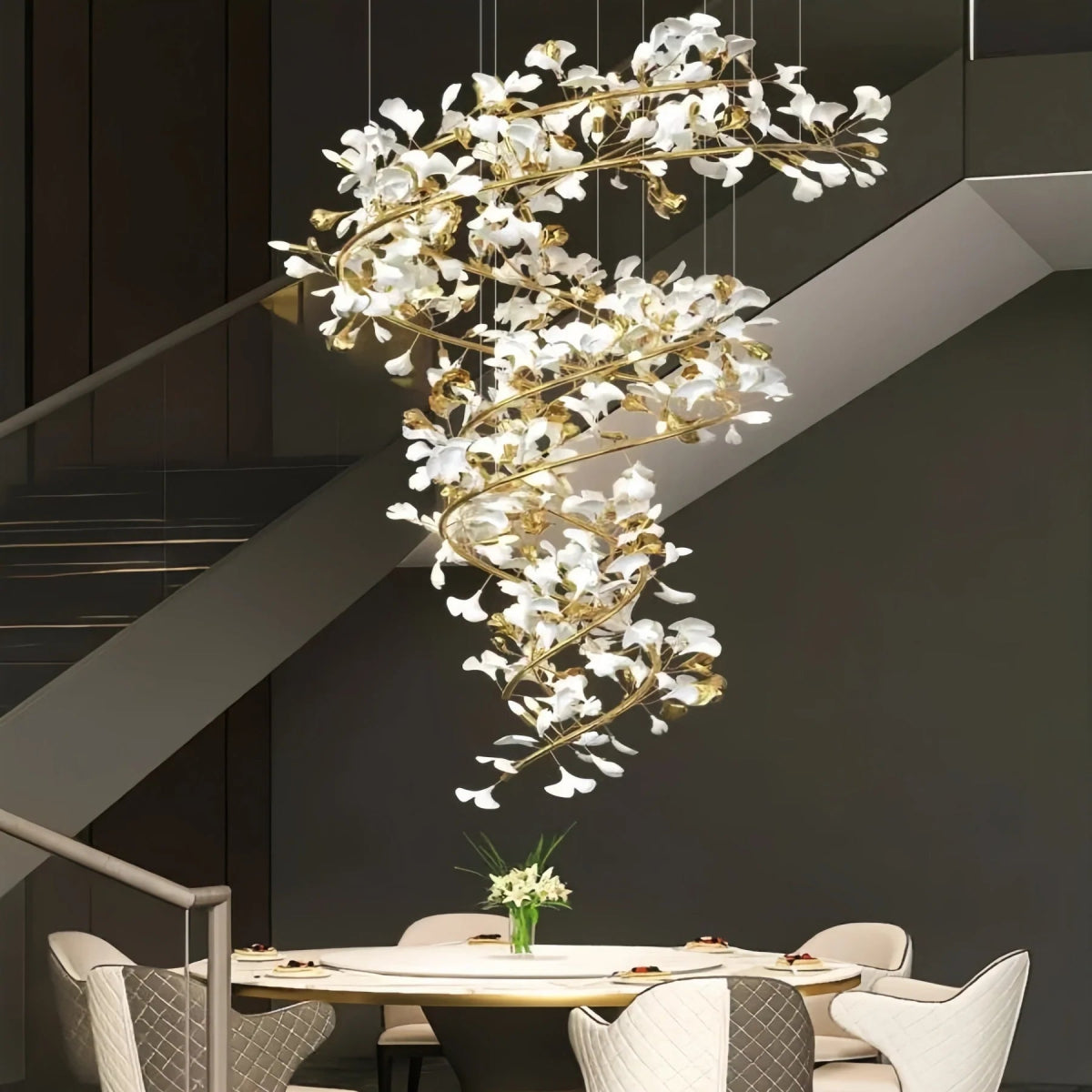 Ceramic Ginkgo Cascading B (Spiral) Branch Chandelier - Auralume