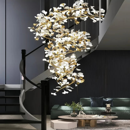 Ceramic Ginkgo Cascading B (Spiral) Branch Chandelier - Auralume