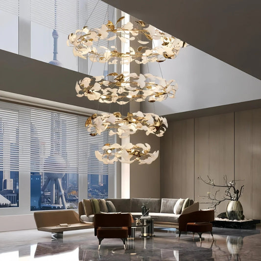 Ceramic Ginkgo Rings Linear Branch Chandelier - Auralume